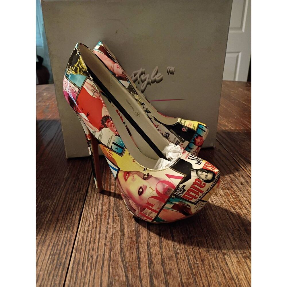 New Sz 9 Colorful Newspaper Magazine Platform Stilettos High Heel Pump Shoes